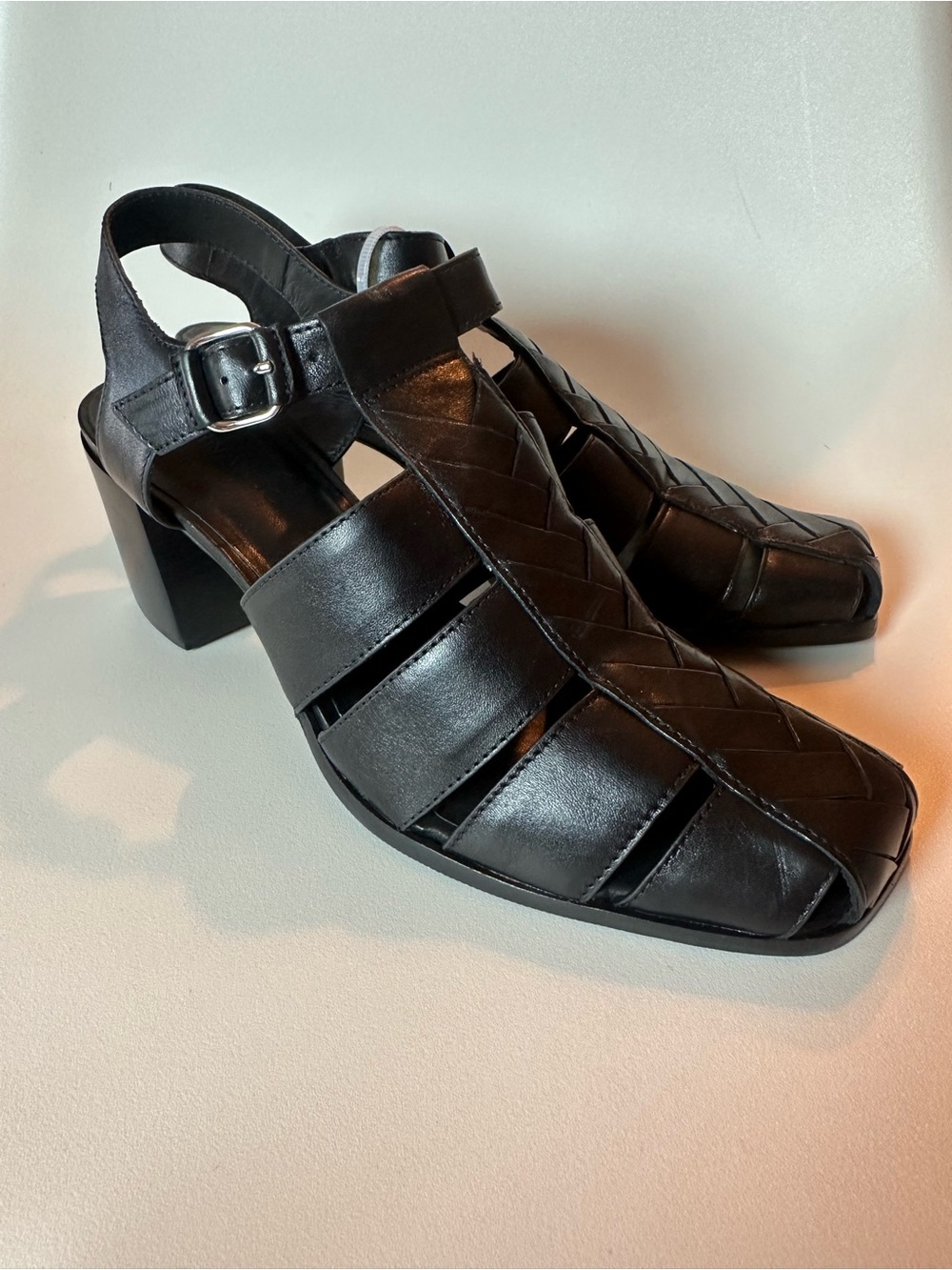 Bernardo Black Leather Woven Block Heel Fisherman Sandals